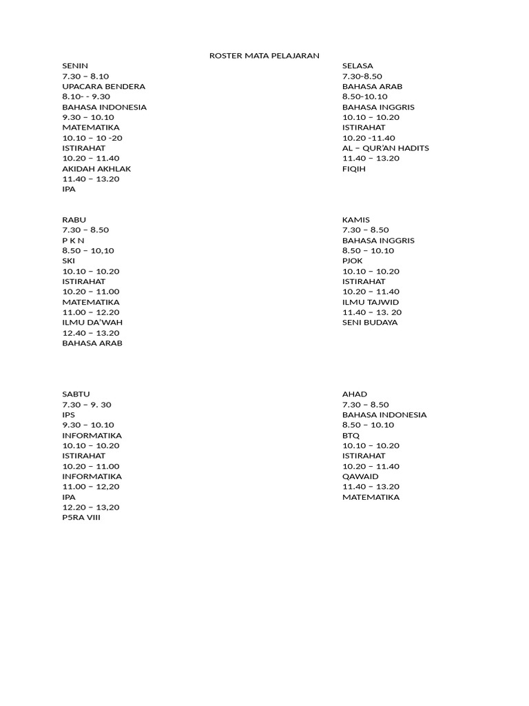 Roster Pelajaran Harian Sekolah | PDF