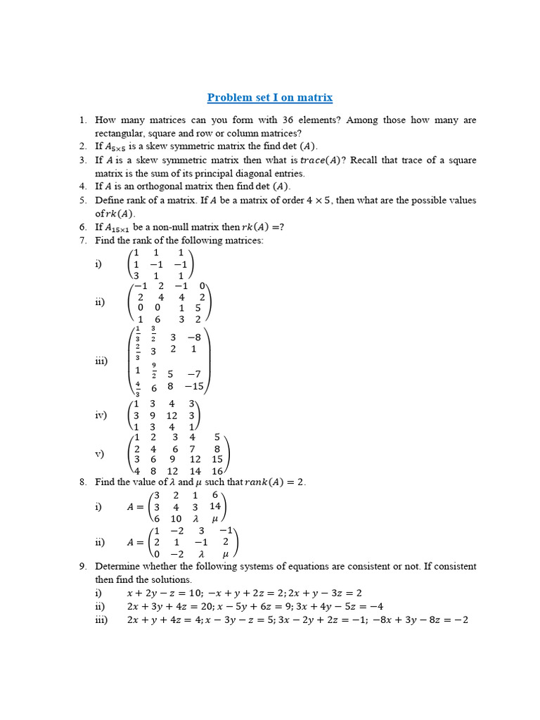 Matrix Problem Set and Solutions | PDF