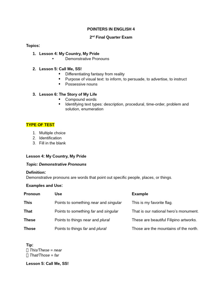 Pointers in English 4 Finals | PDF | Plural | Pronoun