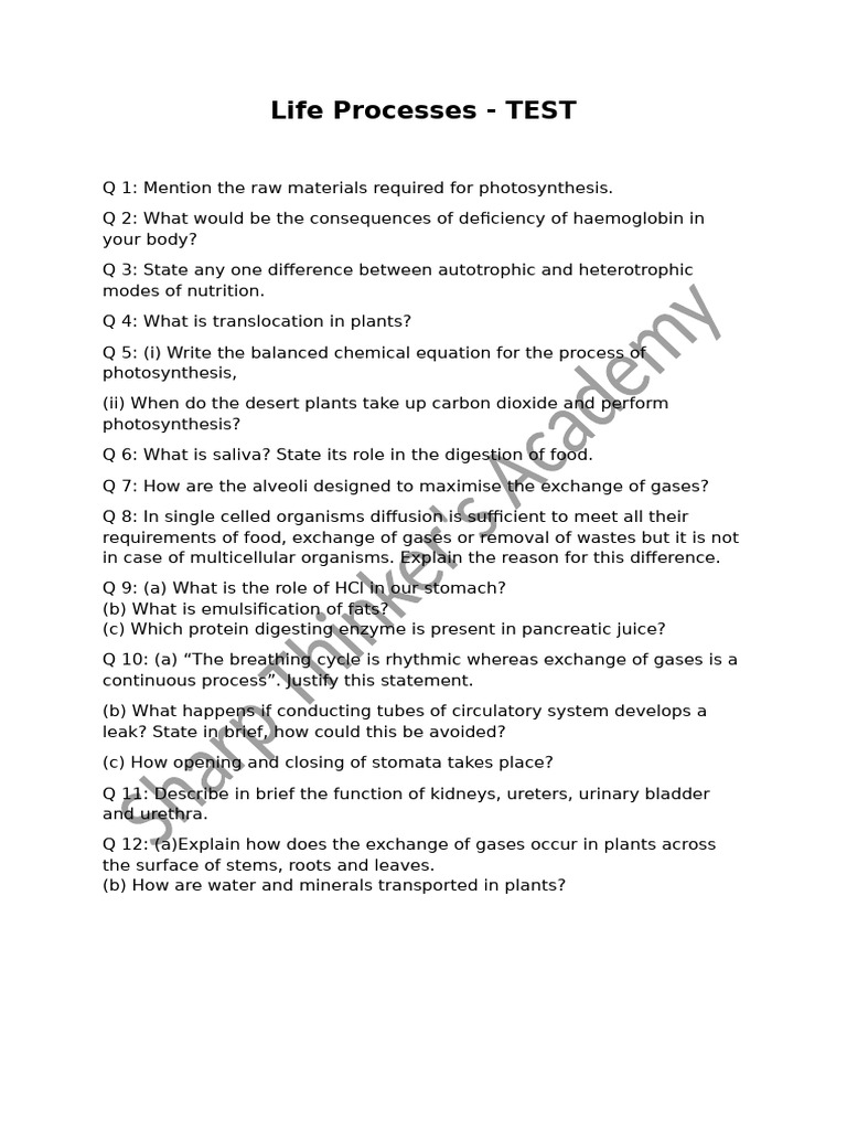 Life Processes - Test | PDF