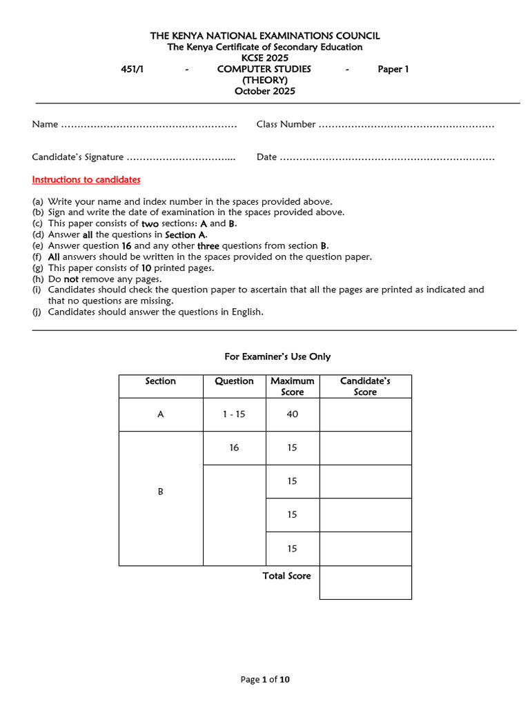 KCSE 2025 Computer Studies Paper 1 | PDF | Computer Architecture ...