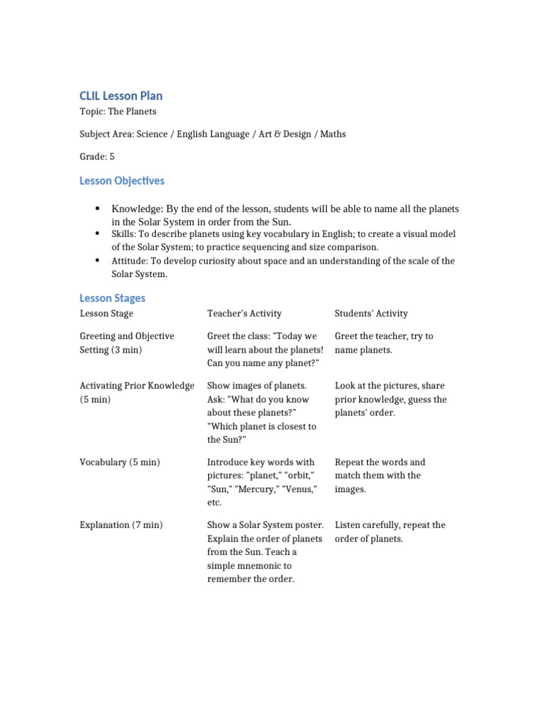 CLIL Lesson Plan: Exploring Planets | PDF | Solar System | Planets