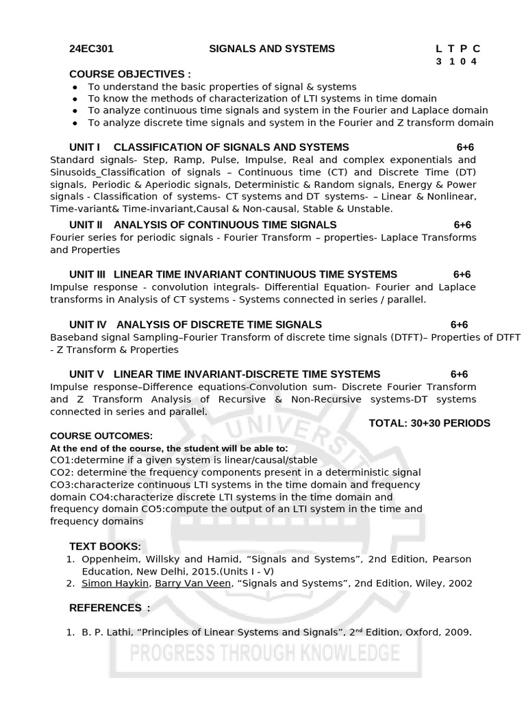 24ec301signals and Systemsl T P C | PDF | Applied Mathematics ...