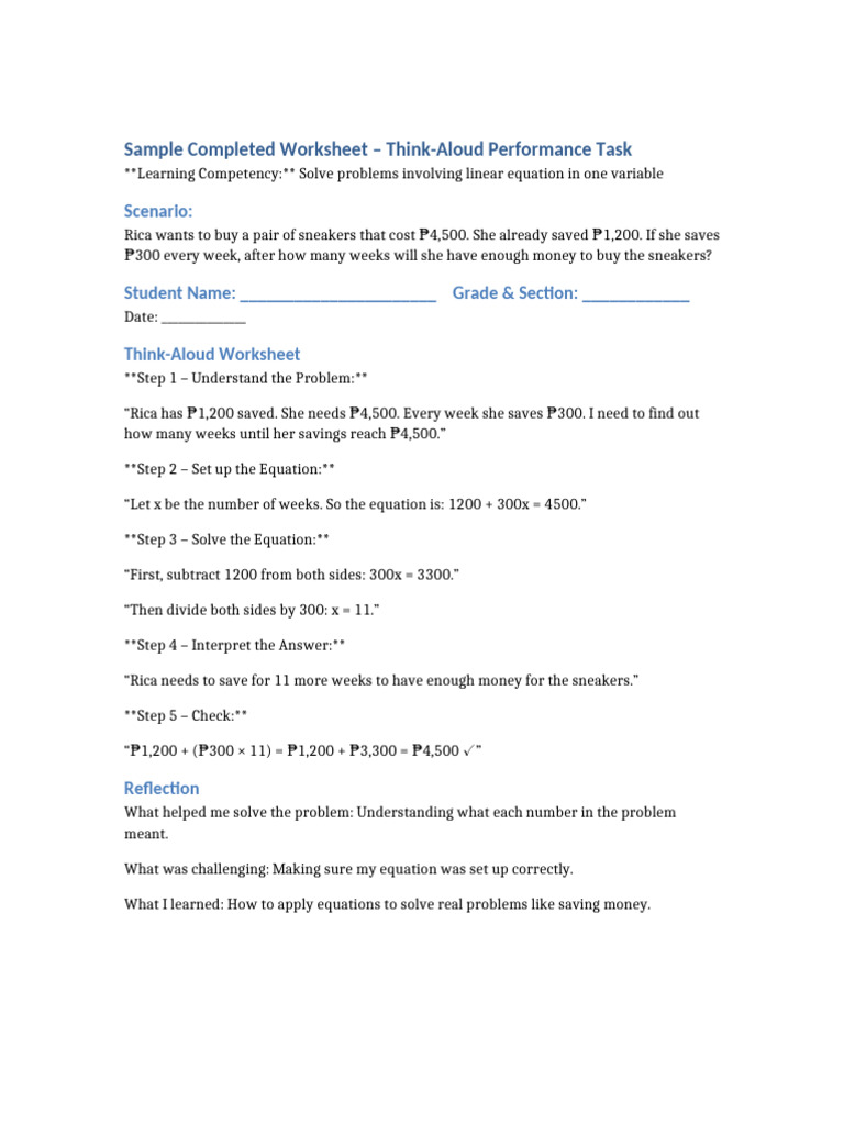 Think-Aloud Worksheet for Linear Equations | PDF
