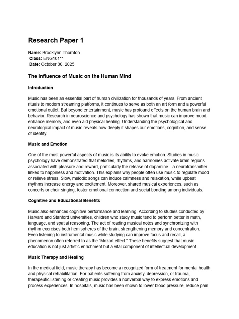 The Influence of Music On The Human Mind | PDF | Emotions | Mind