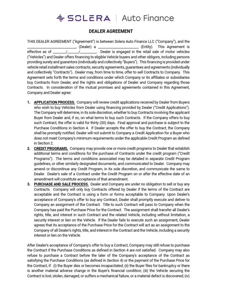 Dealer Agreement for Vehicle Financing | PDF | Bankruptcy | Truth In ...