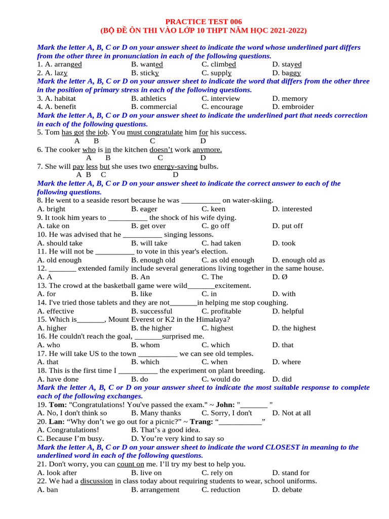 Grade 10 Practice Test 006 | PDF