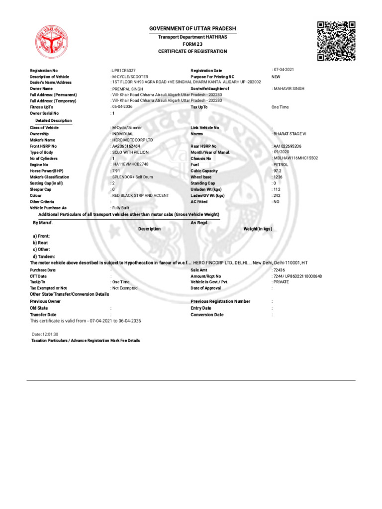 UP Form 23: Vehicle Registration Certificate | PDF | Motor Vehicle ...