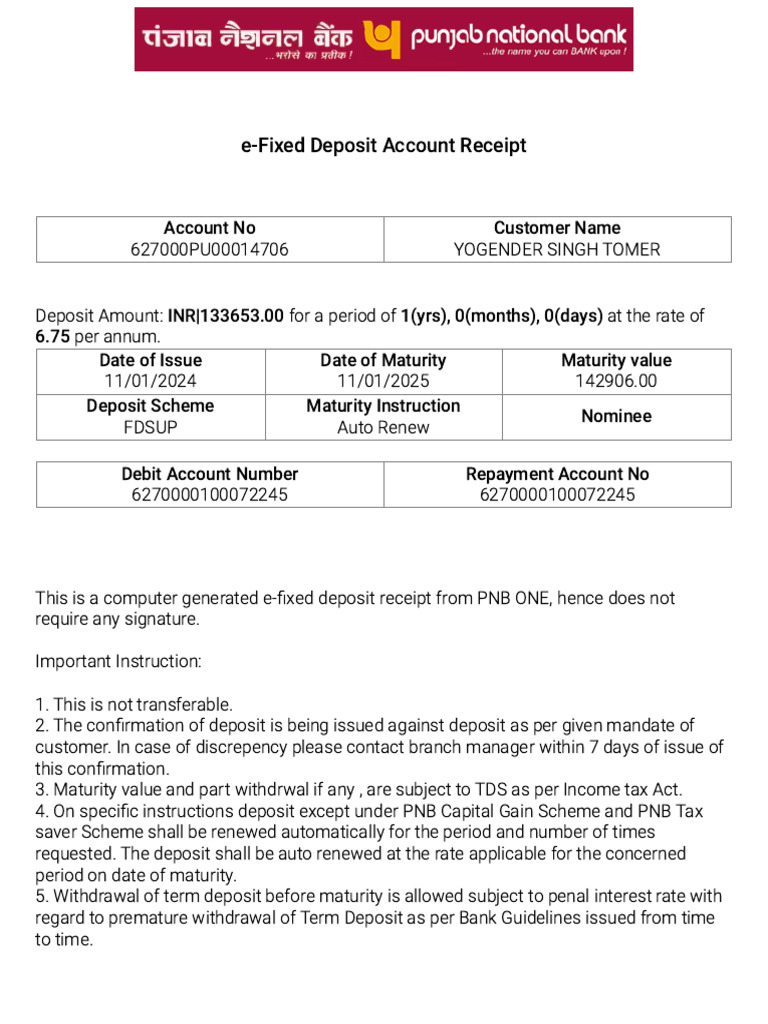 e-Fixed Deposit Receipt for Yogender Tomer | PDF