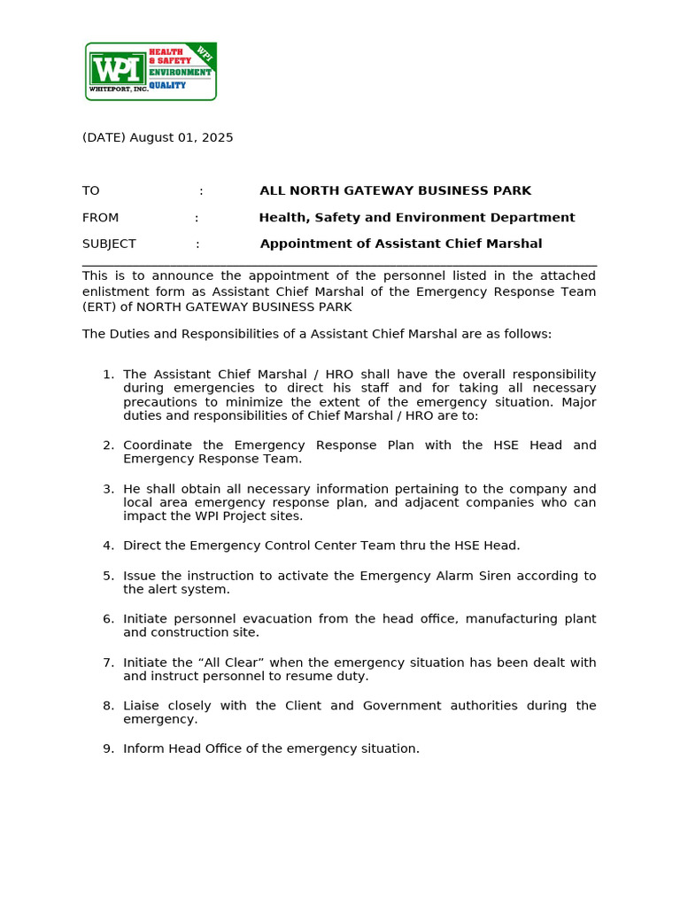 Appointment Letter ERT-Assistant Chief Marshal | PDF