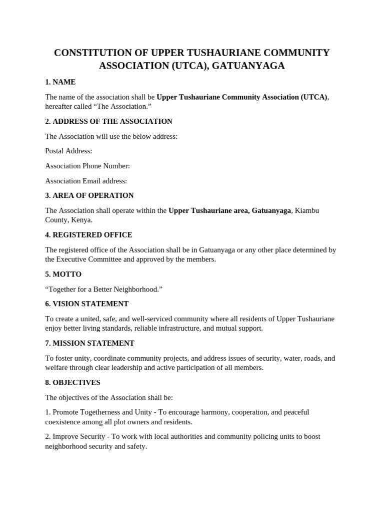 Upper Tushauriane Community Association Constitution | PDF | Justice ...