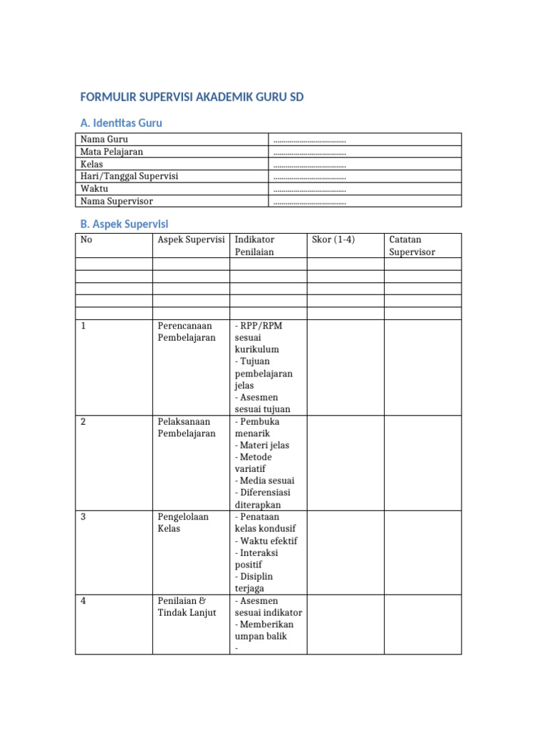 Formulir Supervisi Guru SD | PDF