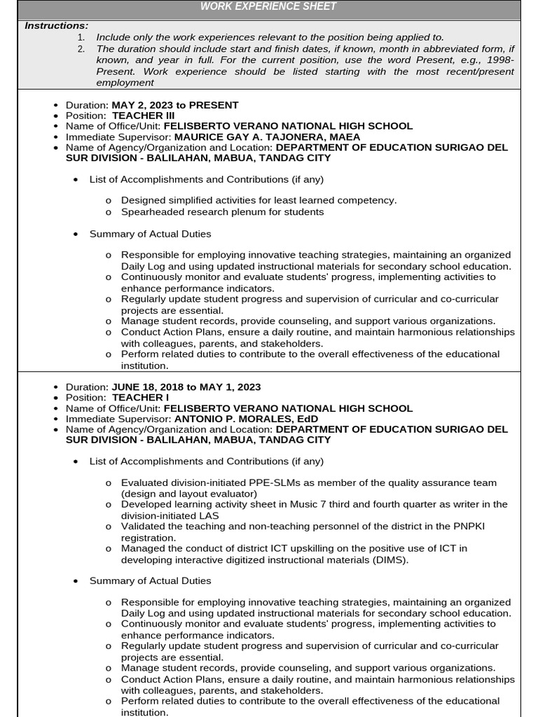 Work Experience for Teacher Position | PDF | Educational Technology ...