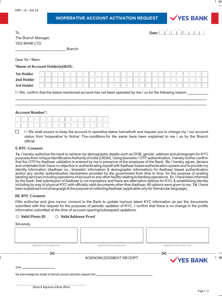 Yes Bank Dormant Account Activation Form | PDF | Identity Document ...