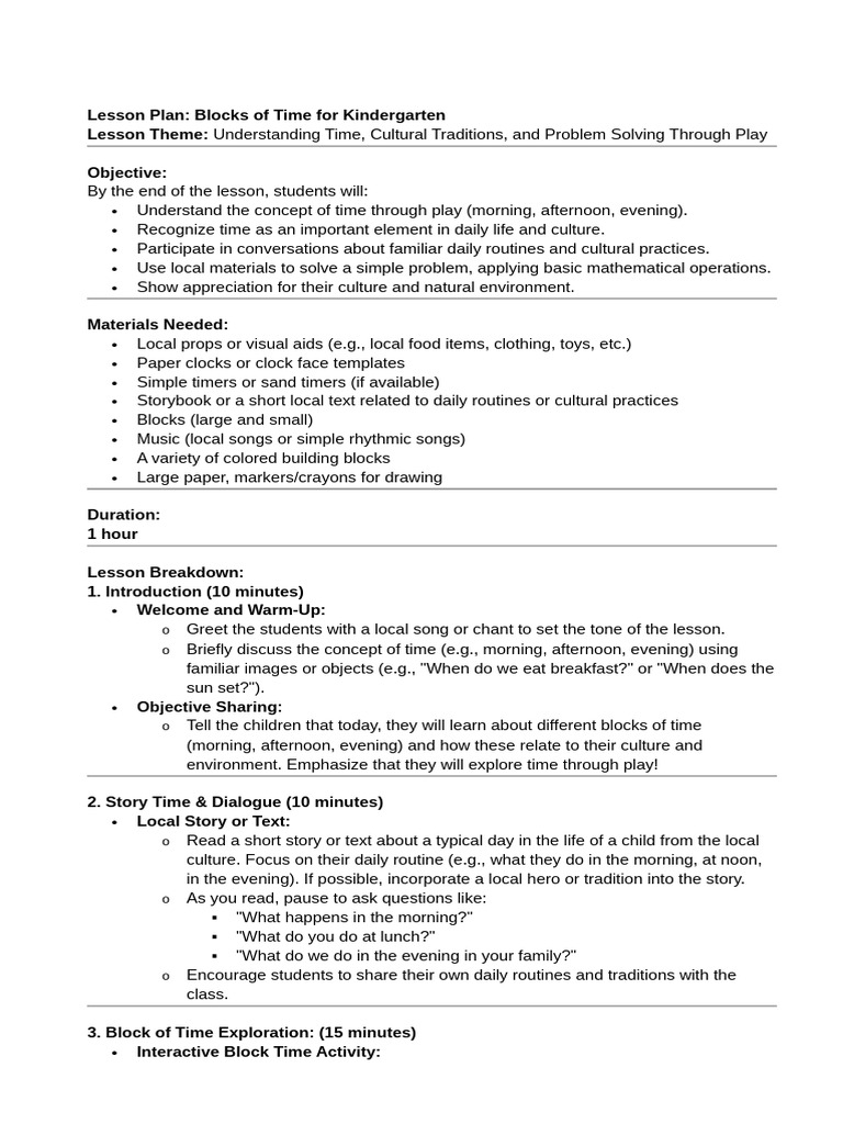 Kindergarten Time Lesson Plan | PDF | Cognition | Learning