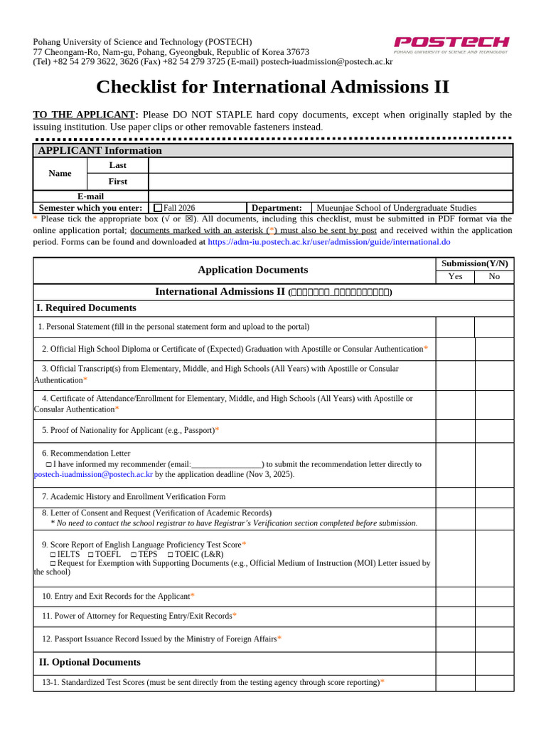 POSTECH International Admissions Checklist | PDF