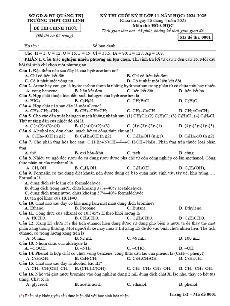 De Cuoi Ki 2 Hoa Hoc 11 Nam 2024 2025 Truong THPT Gio Linh Quang Tri | PDF