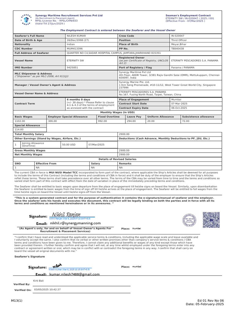 Seaman Employment Contract Overview | PDF | Sailor | Employment