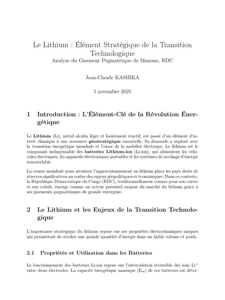 Potentiel du Lithium à Manono, RDC | PDF | Lithium | Pile rechargeable