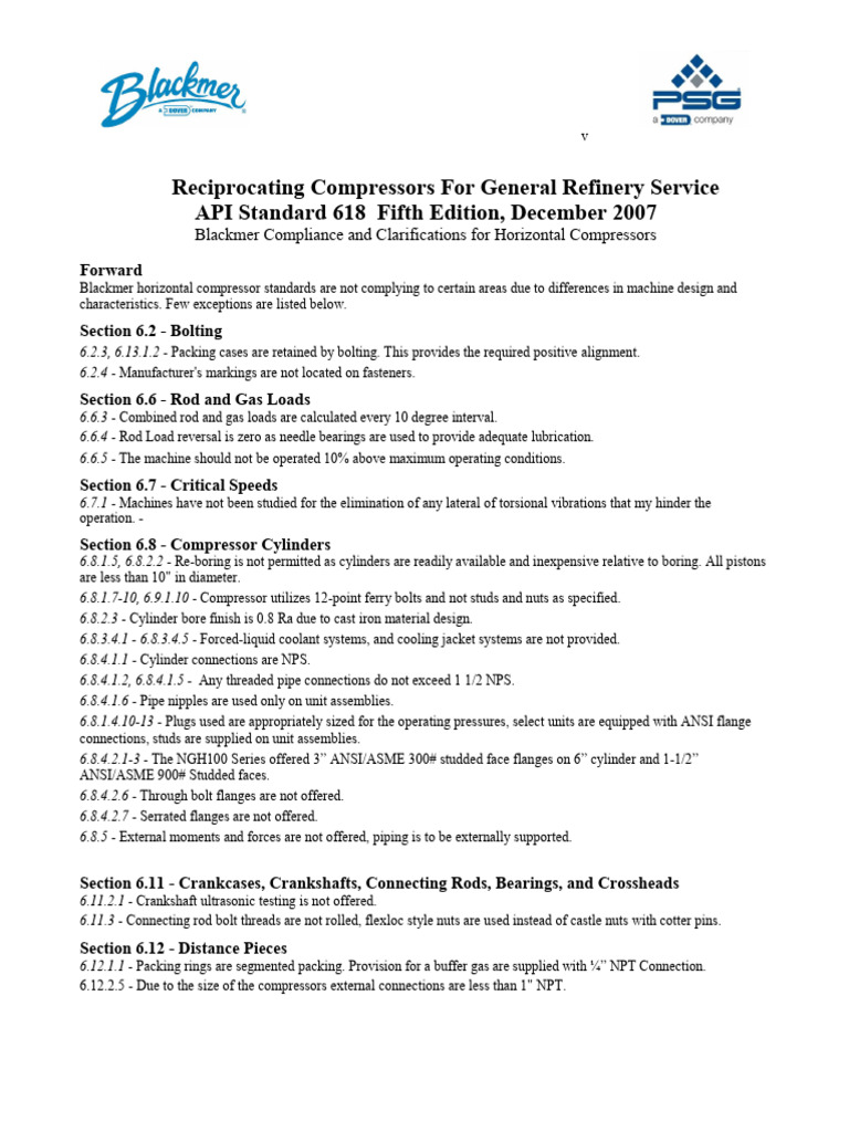 NGH - Horizontal Compressor Deviation List To API 618 | PDF | Screw ...