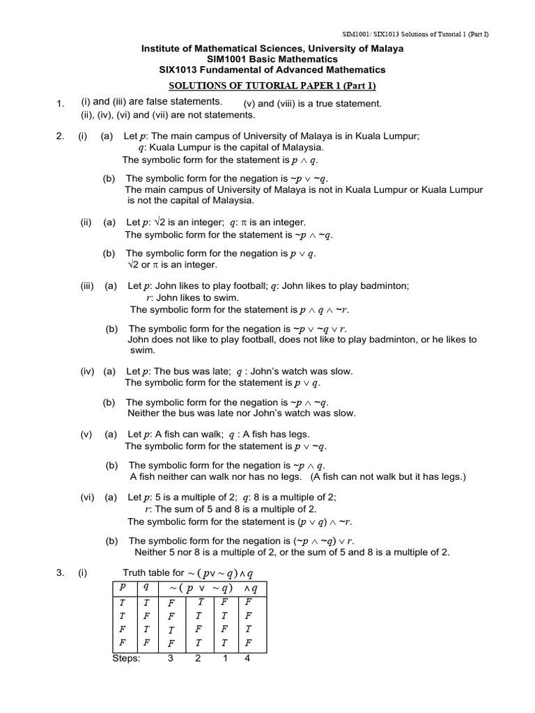 SIM1001 Tutorial 1 Solutions Part I | PDF | If And Only If | Contradiction