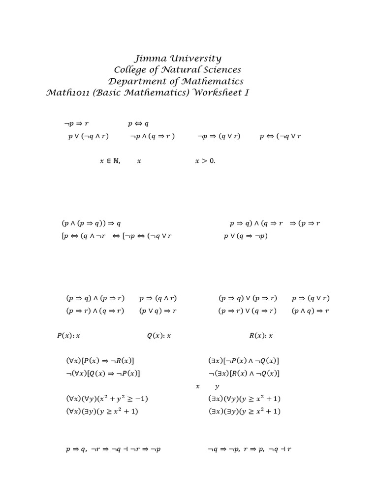 Basic Mathematics: Logic & Set Theory Worksheet | PDF | Mathematical ...