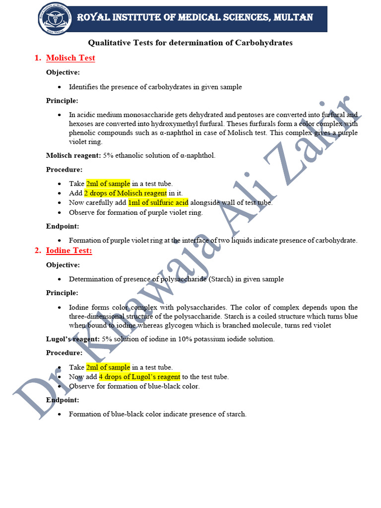 Carbohydrate Qualitative Tests Guide | PDF | Chemical Compounds ...