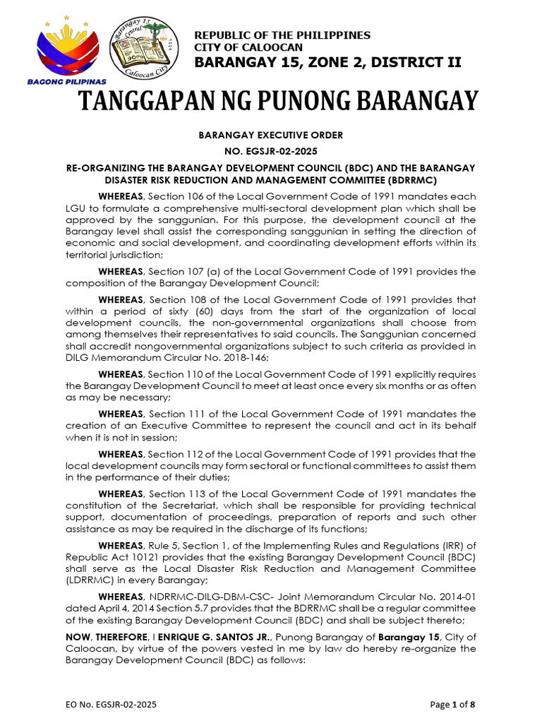 Barangay Development Council Reorganization | PDF | Emergency Management