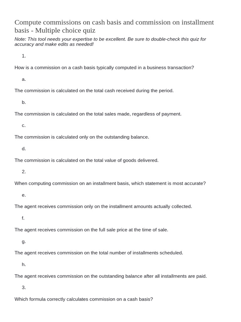 Compute Commissions On Cash Basis and Commission On Installment Basis ...