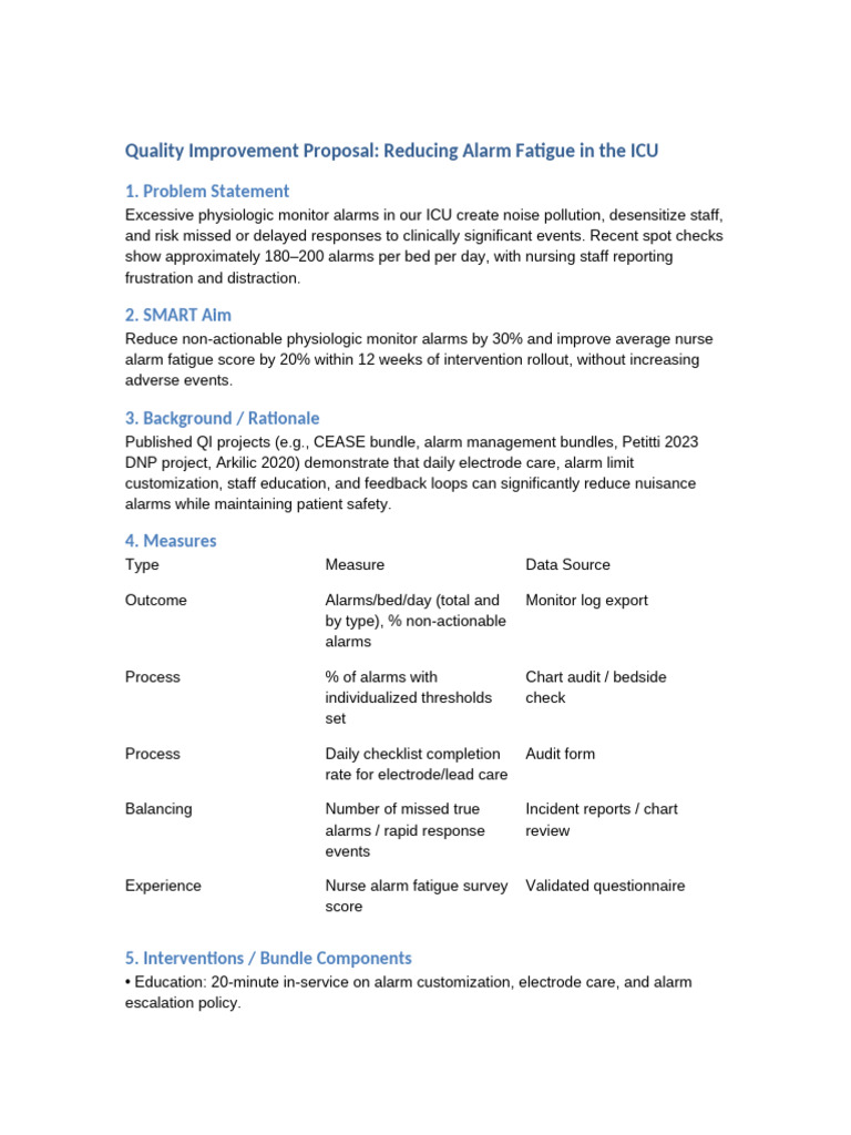 ICU Alarm Fatigue QI Proposal | PDF | Intensive Care Unit | Nursing