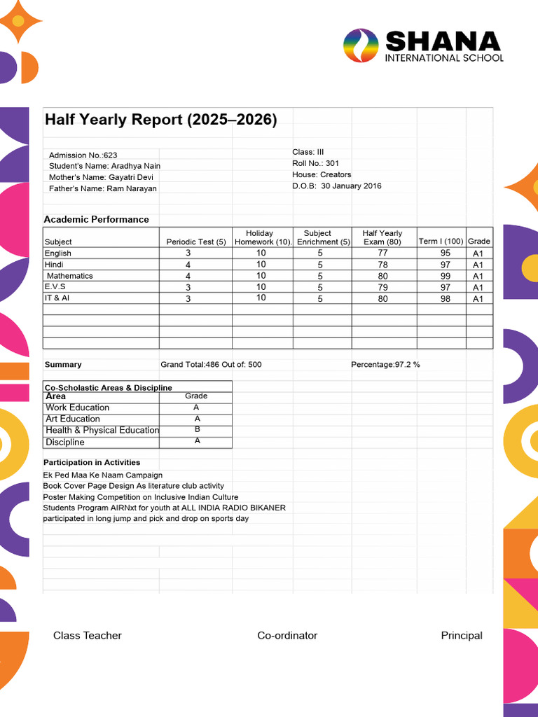 Healf Yearly Acadmic Report Grade 3,4,6,7,8,9,10 | PDF