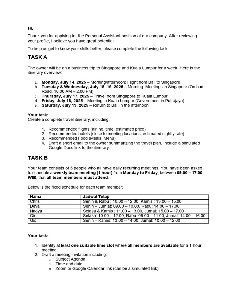 Personal Assistant Task Overview and Itinerary | PDF