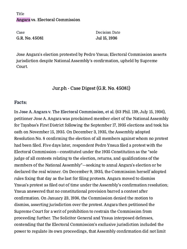 Angara vs. Electoral Commission Case Summary | PDF | Supreme Court Of ...