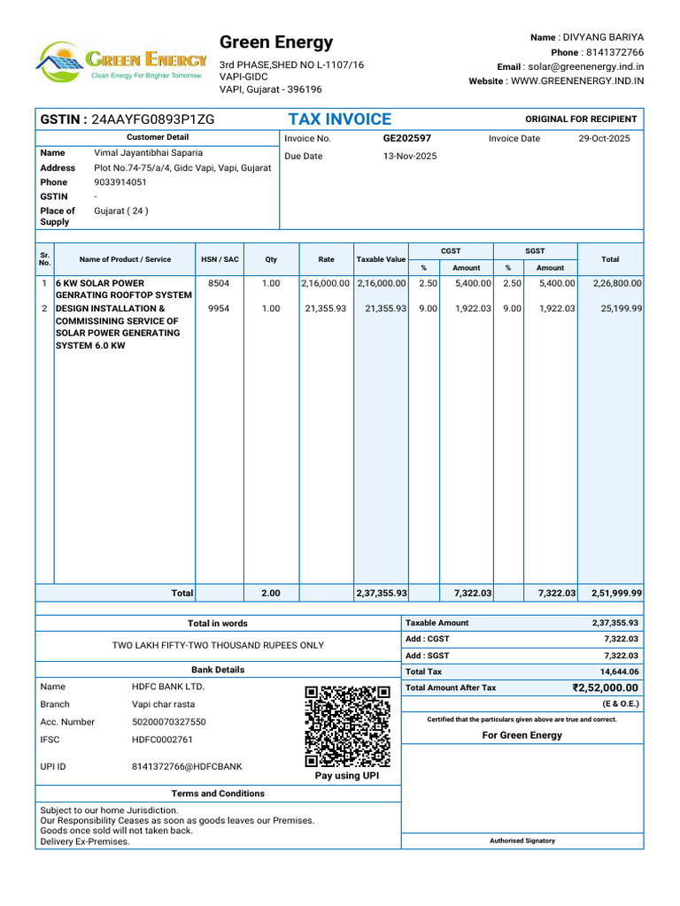 Invoice GE202597 Vimal Jayantibhai Saparia 11-04-55 | PDF | Renewable ...