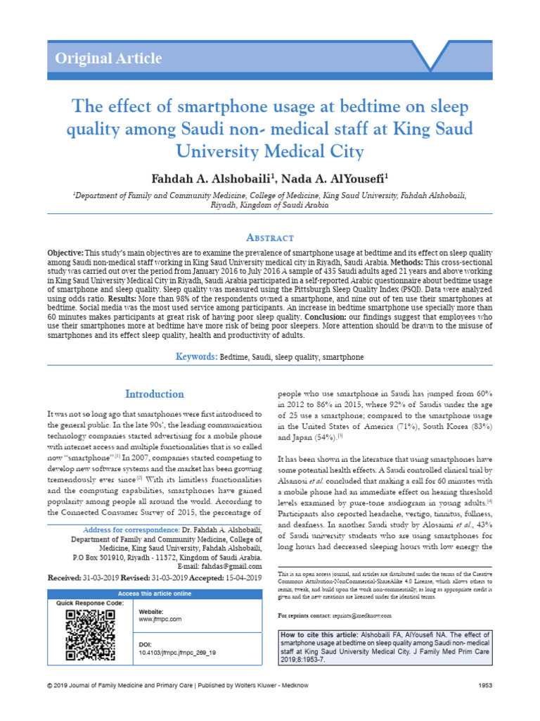 Smartphone Use at Bedtime and Sleep Quality | PDF | Sleep | Sleep Disorder