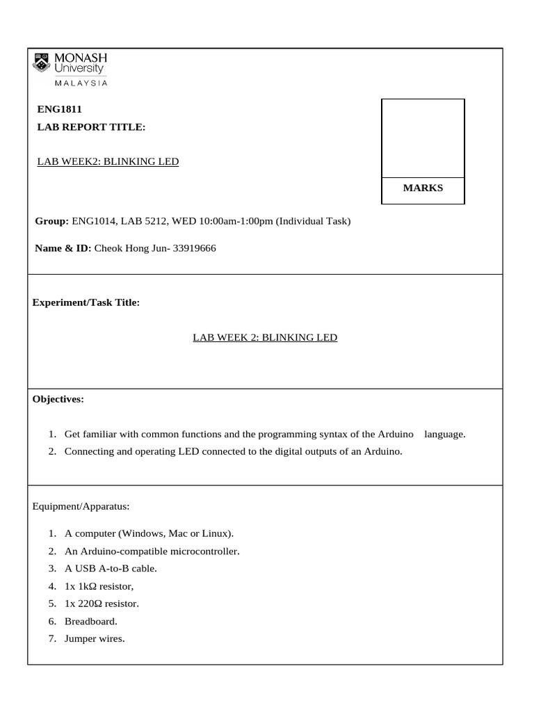 Arduino LED Blinking Experiment Report | PDF | Arduino | Computer ...