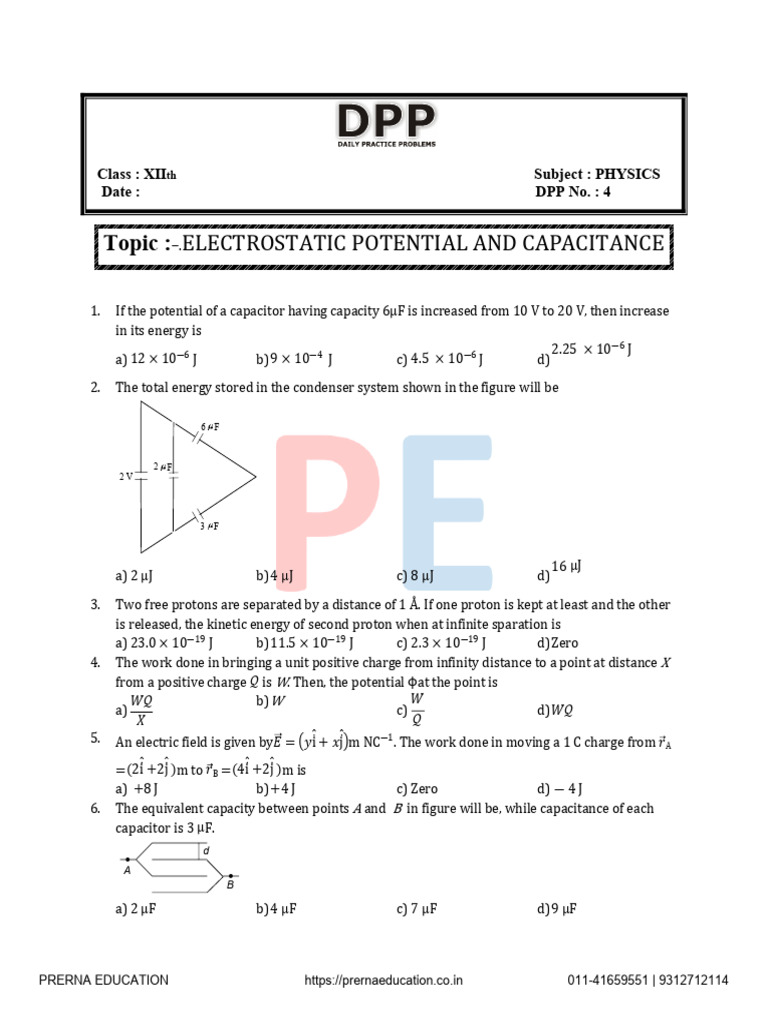 Electric Potential and Capacitance DPP 4 | PDF | Capacitor | Capacitance