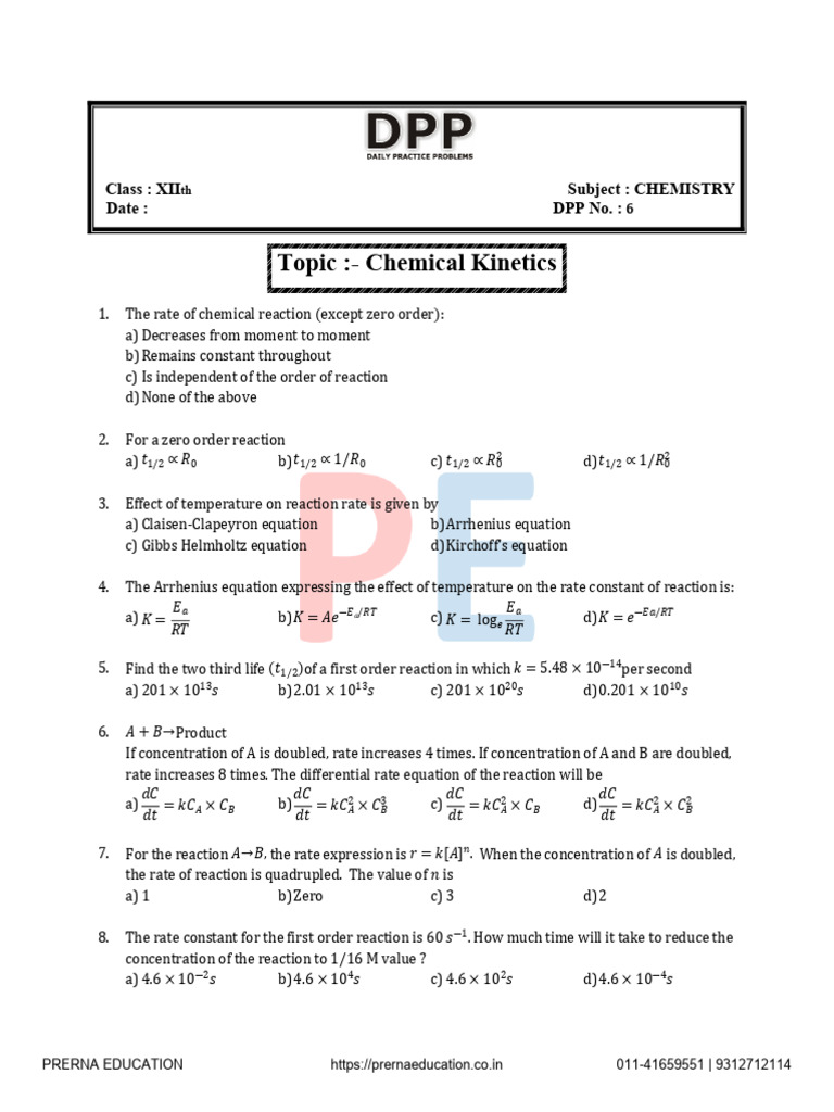 Chemical Kinetics DPP 6 | PDF | Reaction Rate | Chemical Reaction ...