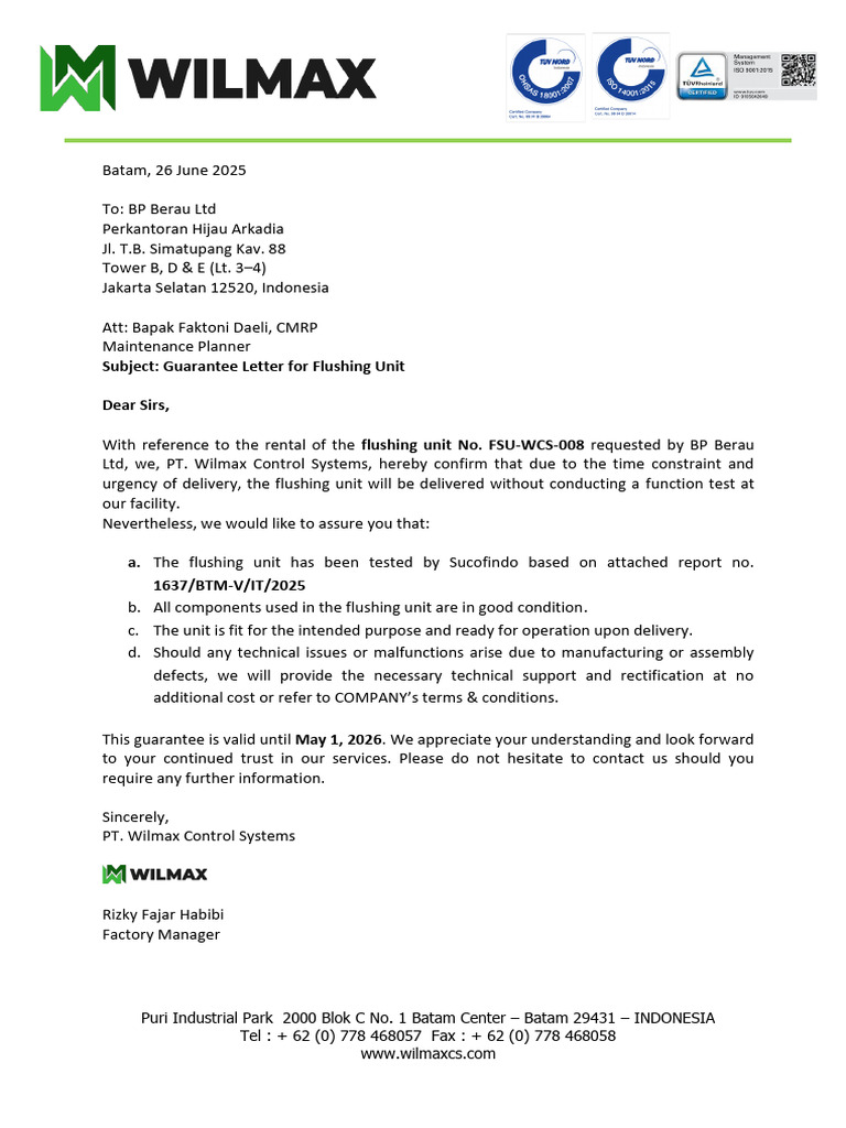 PT. Wilmax - Guarantee Letter Flushing Unit - Signed | PDF