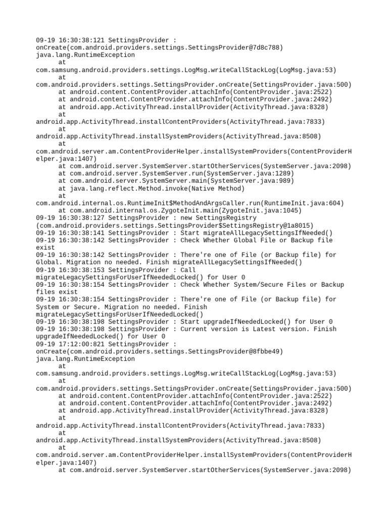 Samsung SettingsProvider Error Logs | PDF | Java (Programming Language ...