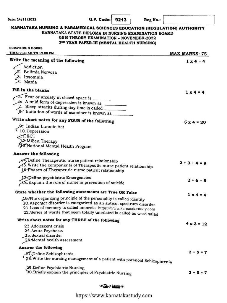 Gnm 2 Year Mental Health Nursing 9213 Nov 2022 | PDF