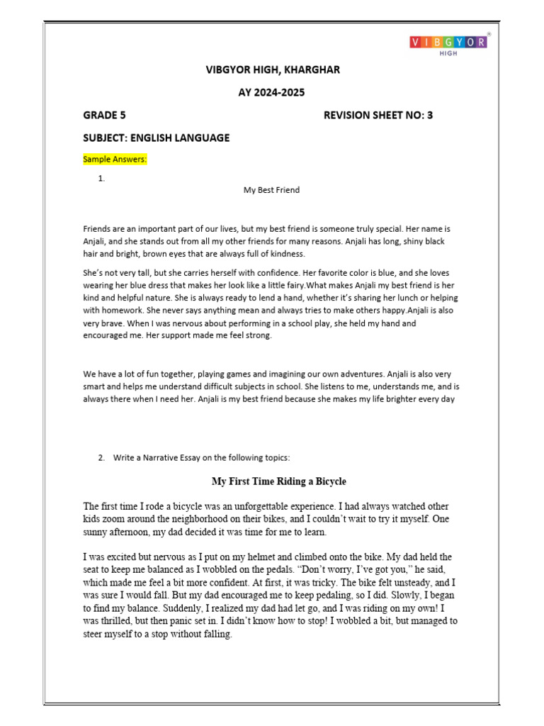 Grade 5 English Revision Sheet | PDF
