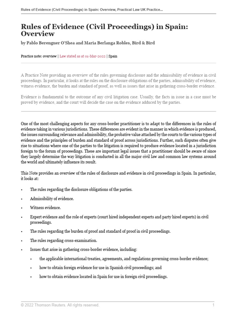 Rules of Evidence (Civil Proceedings) in Spain Overview | PDF ...