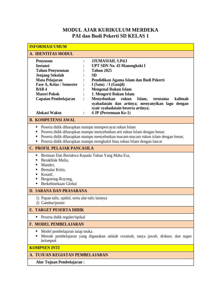 MODUL AJAR RUKUN ISLAM JUMASIAH | PDF