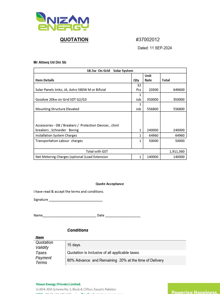 18.5 KWp on Grid System- Quotation Mr Atteeq Sb | PDF | Electricity ...