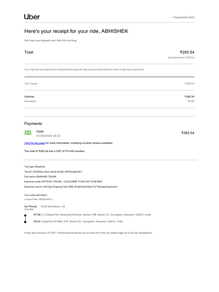 Uber Ride Receipt for Business Trip | PDF
