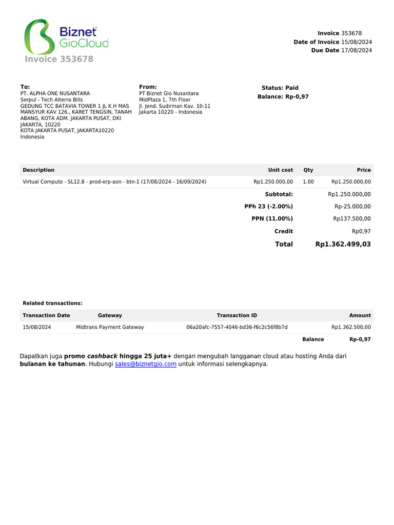 Invoice 353678 PT Biznet Gio 2024 | PDF