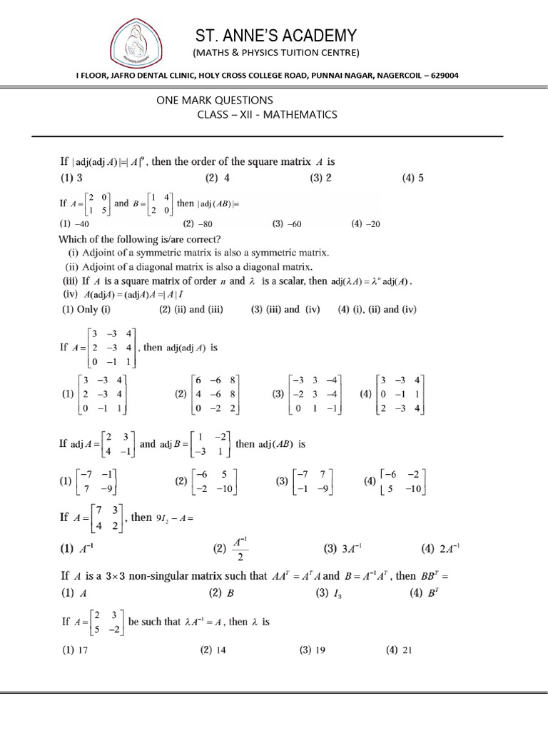Class XII Maths One Mark Questions | PDF