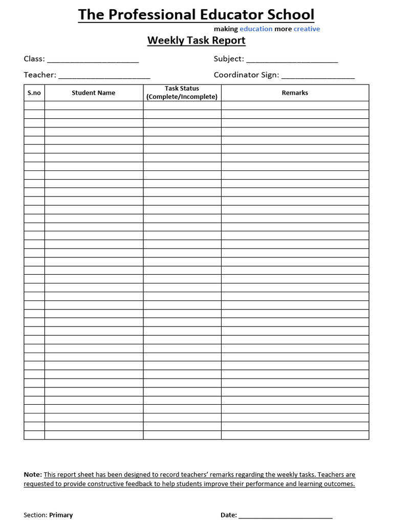 Weekly Task Report Template for Teachers | PDF