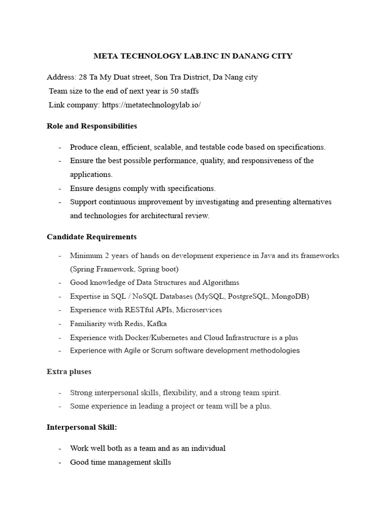 Java Developer Position at Meta Technology Lab | PDF